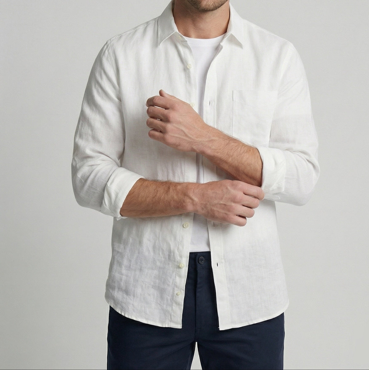Camisa de lino con botones para hombre y bolsillo en el pecho – Diseño de manga larga y cuello clásico para vacaciones de verano y comidas informales