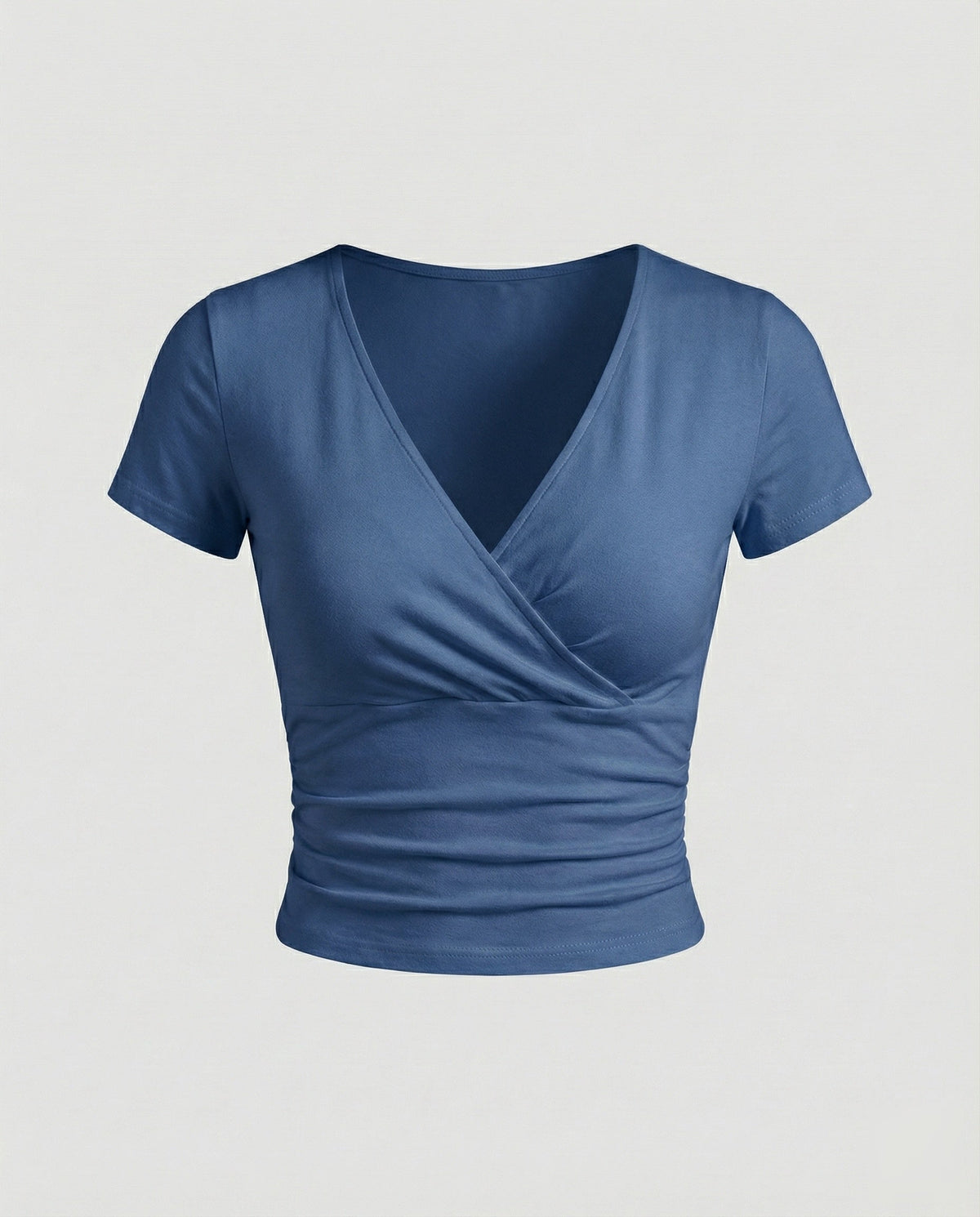 Women’s Crossover V-Neck Crop Top with Ruched Waist – Fitted Short-Sleeve Style for Casual Outfits and Evening Layering