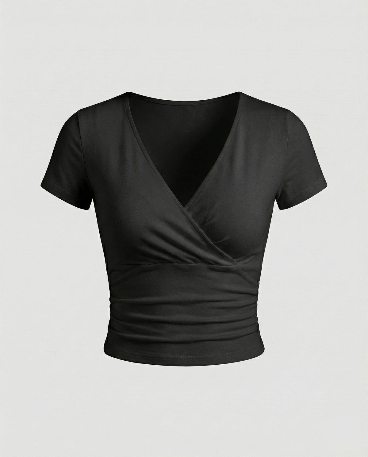 Women’s Crossover V-Neck Crop Top with Ruched Waist – Fitted Short-Sleeve Style for Casual Outfits and Evening Layering