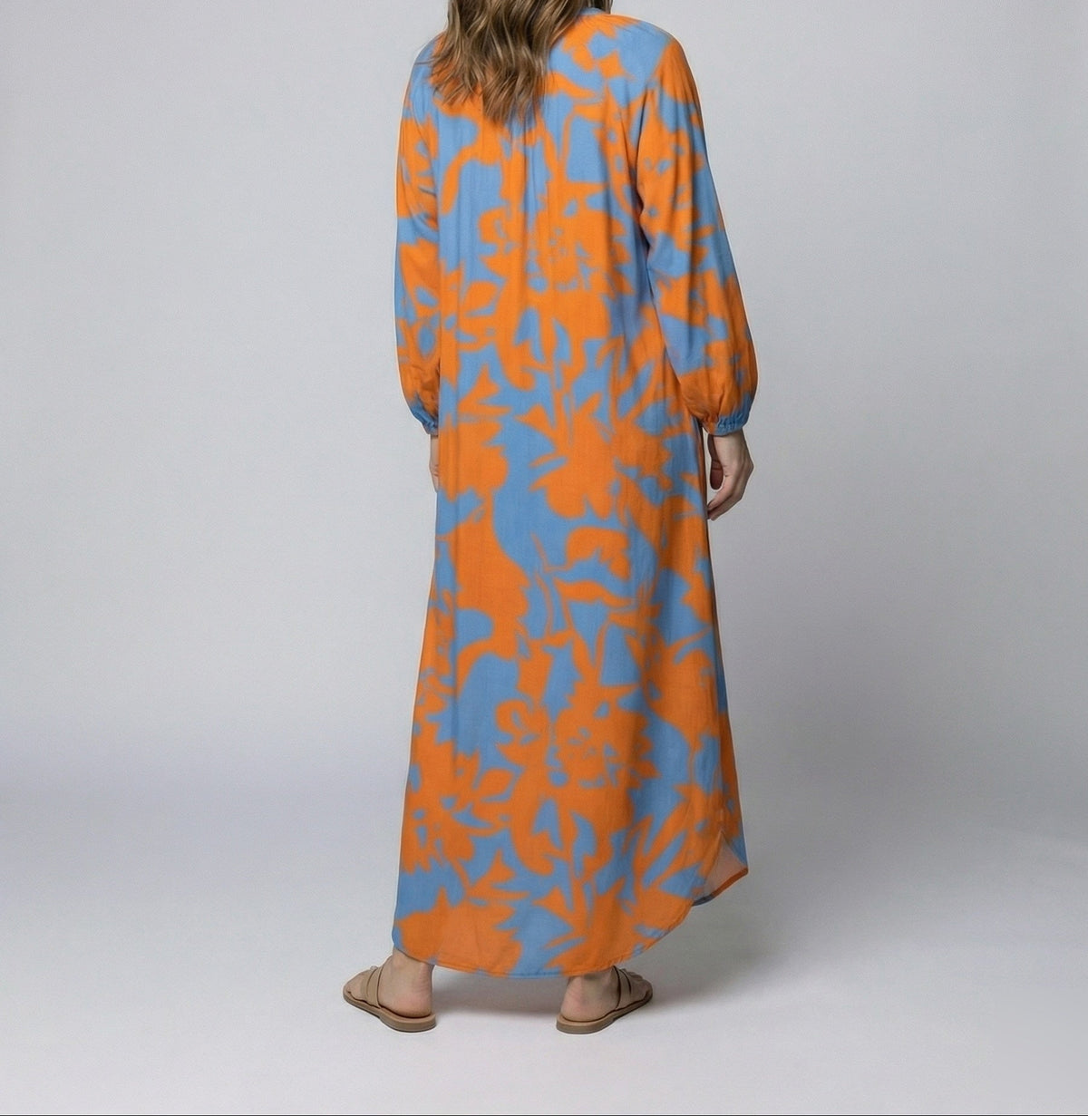 Women’s Floral Kaftan Maxi Dress – Relaxed V-Neck Style with Long Gathered Sleeves for Summer Holidays