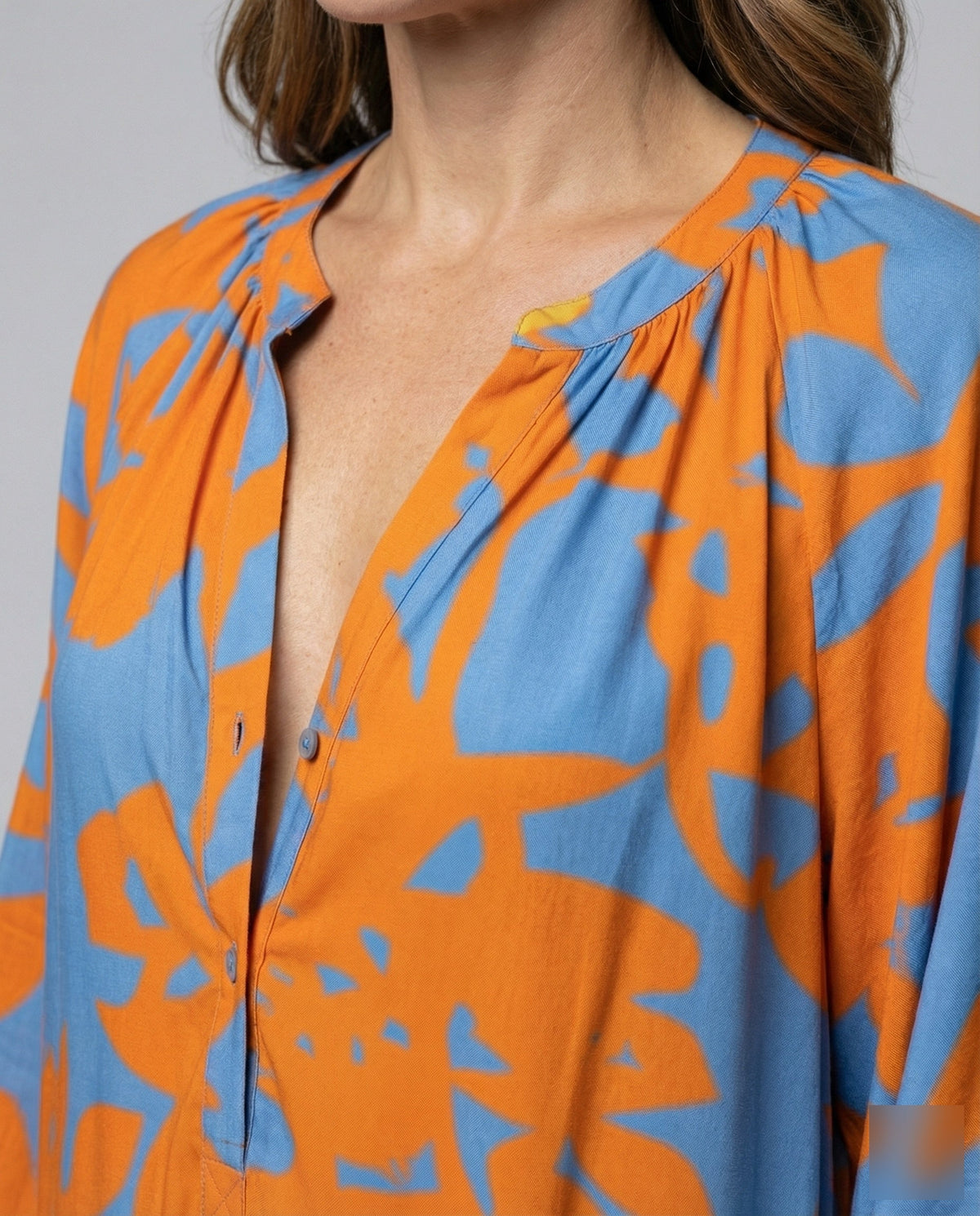 Women’s Floral Kaftan Maxi Dress – Relaxed V-Neck Style with Long Gathered Sleeves for Summer Holidays