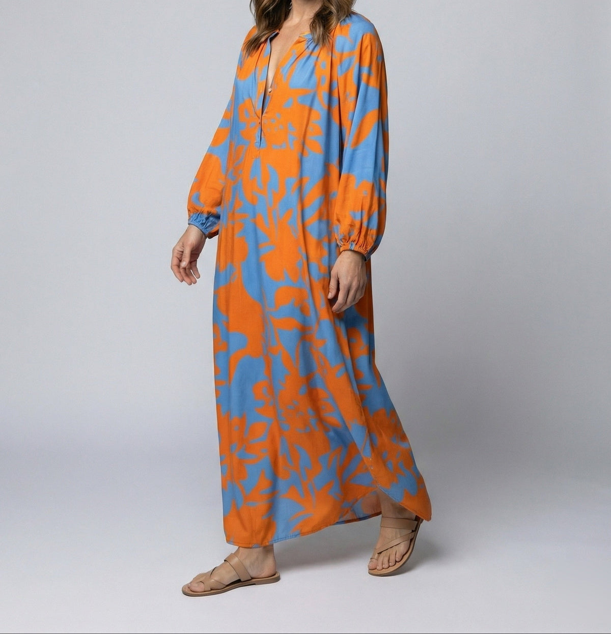 Women’s Floral Kaftan Maxi Dress – Relaxed V-Neck Style with Long Gathered Sleeves for Summer Holidays