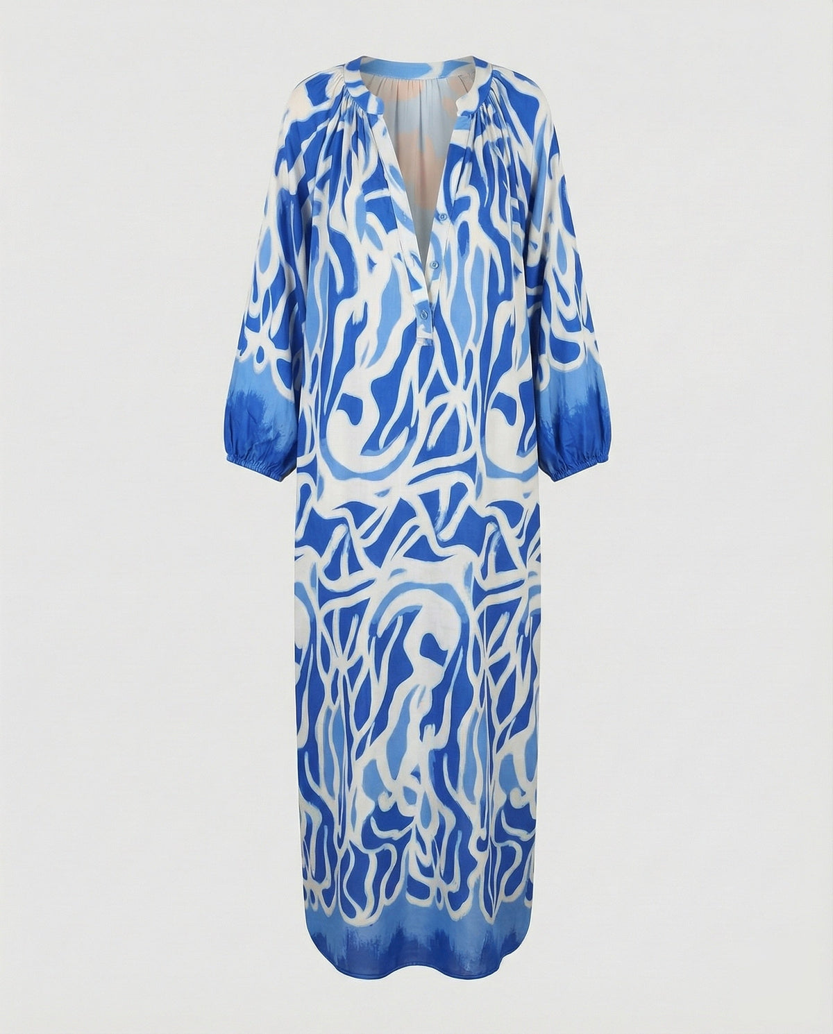 Women’s Floral Kaftan Maxi Dress – Relaxed V-Neck Style with Long Gathered Sleeves for Summer Holidays