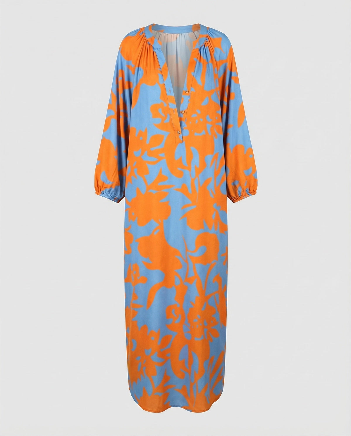 Women’s Floral Kaftan Maxi Dress – Relaxed V-Neck Style with Long Gathered Sleeves for Summer Holidays