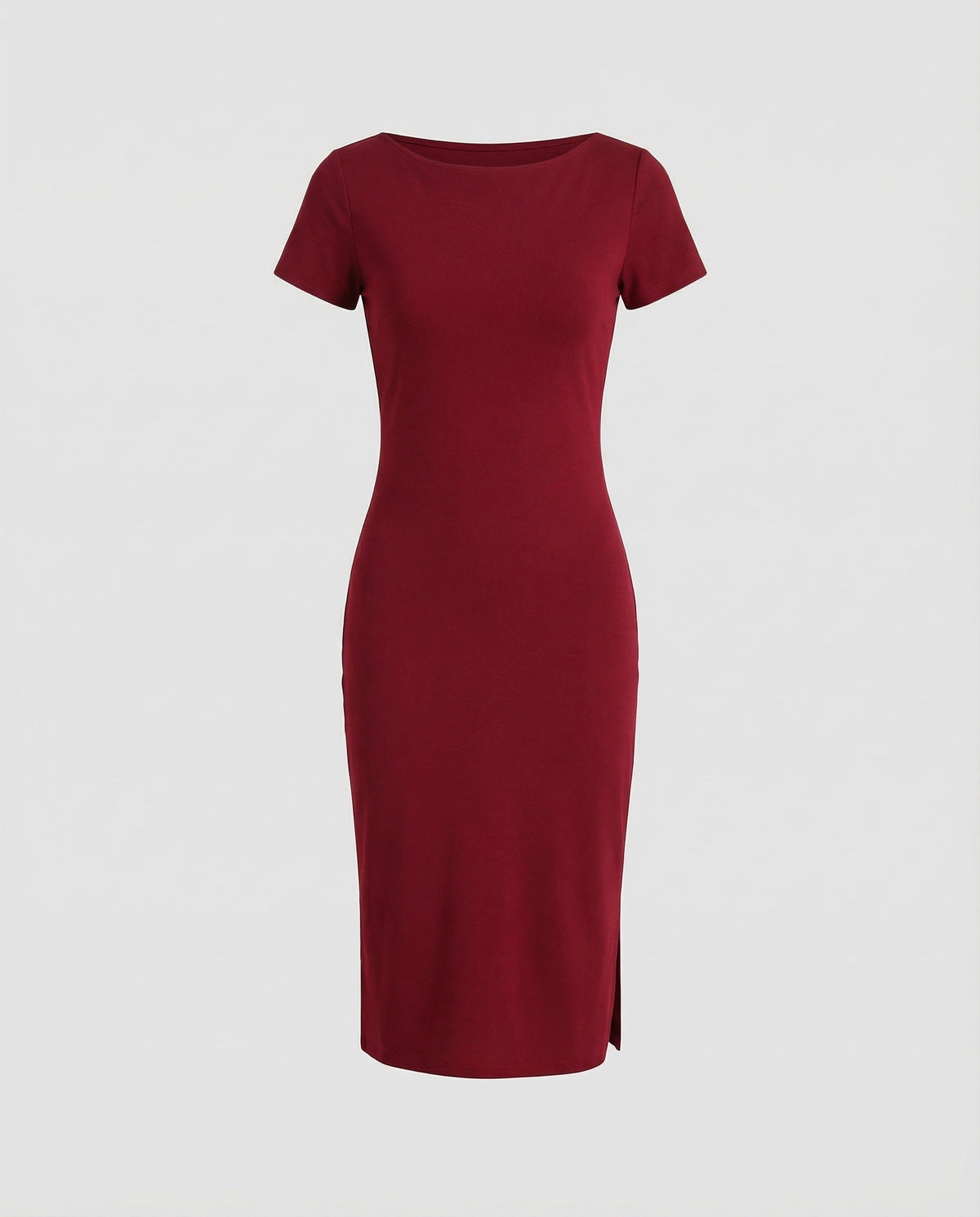 Women’s Short-Sleeved Bodycon Midi Dress – Round-Neck Fitted Style with Side Slit for Everyday and Evening Wear