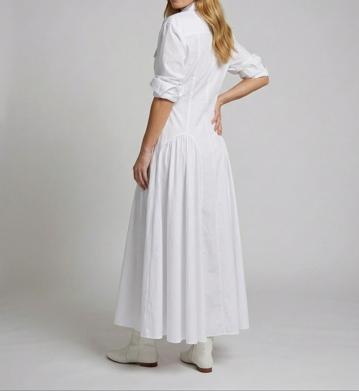 Vestido camisero largo entallado para mujer – Diseño de manga larga con cuello y falda amplia fruncida para vestir elegante de manera informal en verano