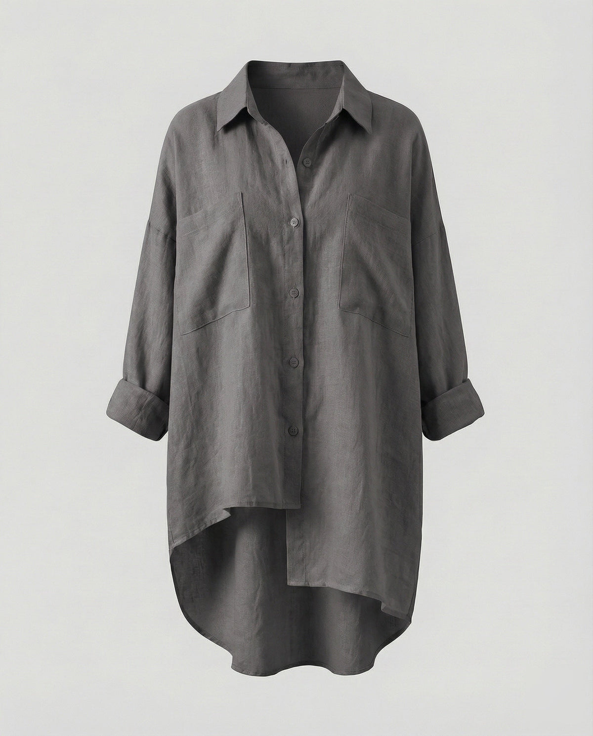 Women’s Oversized Longline Shirt Blouse – Relaxed Button-Up Tunic with Chest Pockets and Asymmetric Hem for Casual Everyday Layering