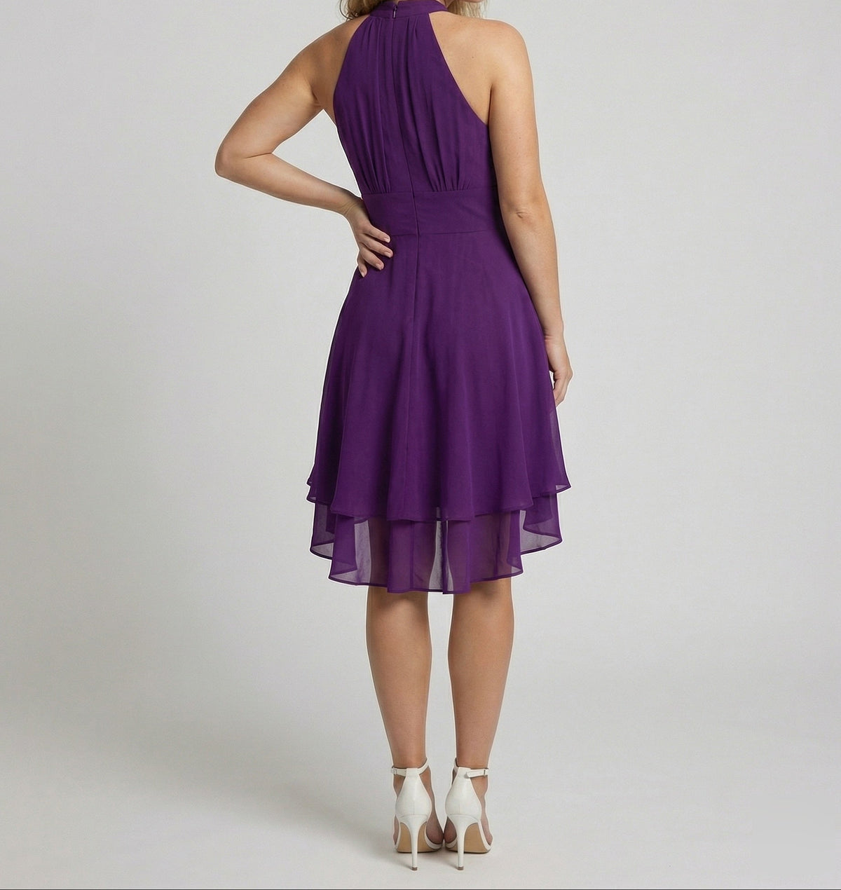 Rochie mini elegantă din șifon, cu guler halter, pentru femei – rochie de cocktail fără mâneci, cu corsaj încrețit și tiv suprapus, mai scurt în față și mai lung în spate, pentru seri și ocazii speciale
