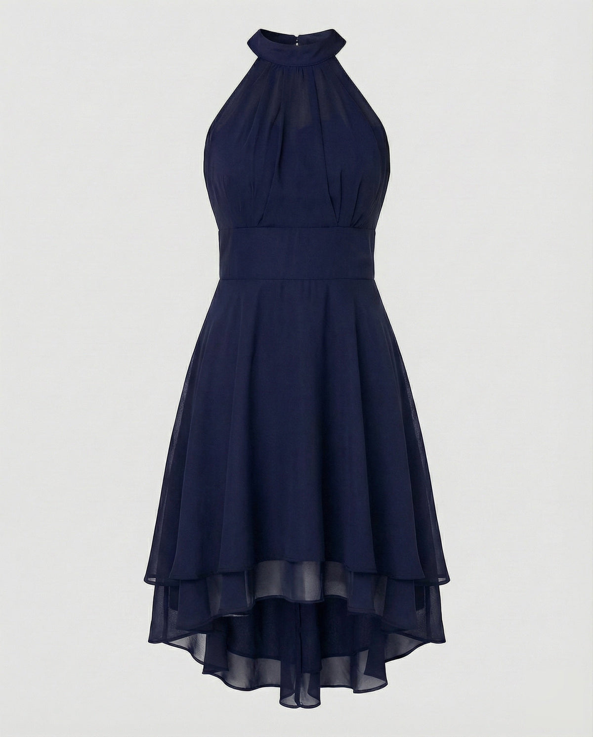 Rochie mini elegantă din șifon, cu guler halter, pentru femei – rochie de cocktail fără mâneci, cu corsaj încrețit și tiv suprapus, mai scurt în față și mai lung în spate, pentru seri și ocazii speciale