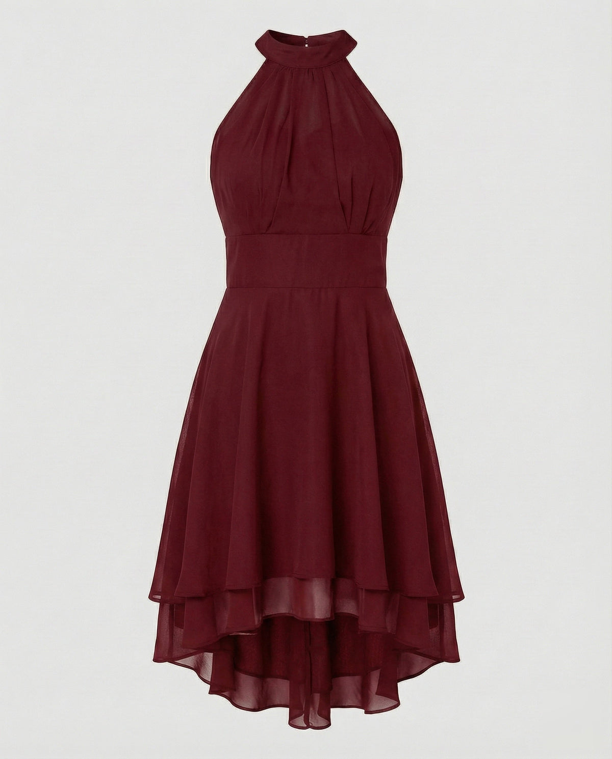 Rochie mini elegantă din șifon, cu guler halter, pentru femei – rochie de cocktail fără mâneci, cu corsaj încrețit și tiv suprapus, mai scurt în față și mai lung în spate, pentru seri și ocazii speciale