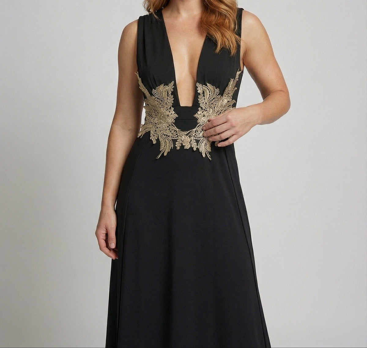 Rochie lungă de seară, cu decolteu în V adânc și ornamente, pentru femei – Rochie elegantă, fără mâneci, în A, cu detalii ornamentale din dantelă în talie, pentru evenimente formale
