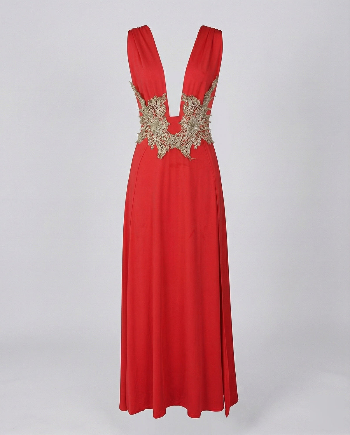 Rochie lungă de seară, cu decolteu în V adânc și ornamente, pentru femei – Rochie elegantă, fără mâneci, în A, cu detalii ornamentale din dantelă în talie, pentru evenimente formale