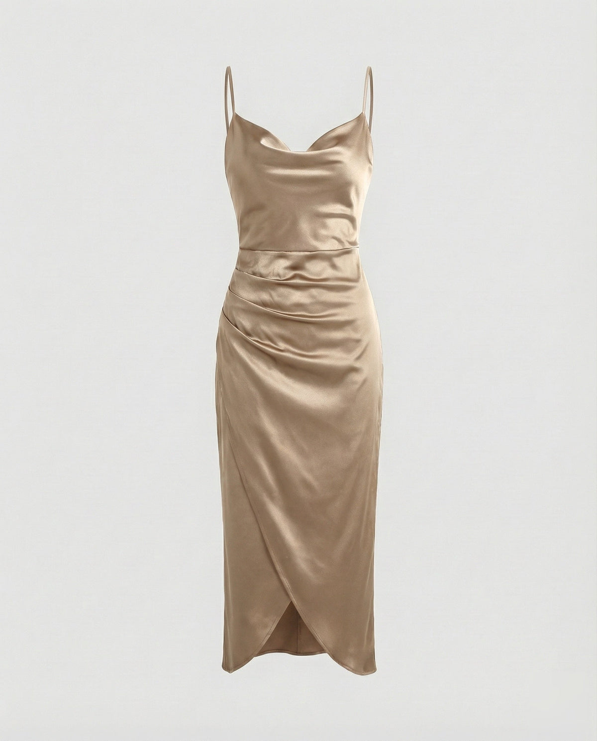 Rochie midi din satin, cu decolteu drapat, pentru femei – Rochie elegantă tip furou, cu bretele subțiri, fustă petrecută drapată și șliț frontal, pentru seri și evenimente de tip cocktail