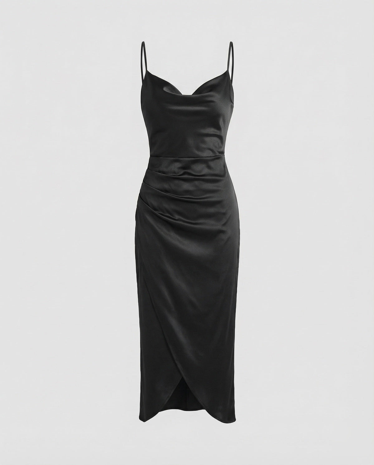 Rochie midi din satin, cu decolteu drapat, pentru femei – Rochie elegantă tip furou, cu bretele subțiri, fustă petrecută drapată și șliț frontal, pentru seri și evenimente de tip cocktail