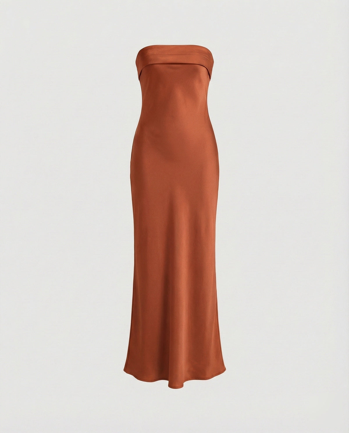 Rochie maxi elegantă din satin, fără bretele, pentru femei - Decolteu minimalist bandeau, detaliu plisat la bust și siluetă fluidă, pentru nunți și evenimente formale de seară