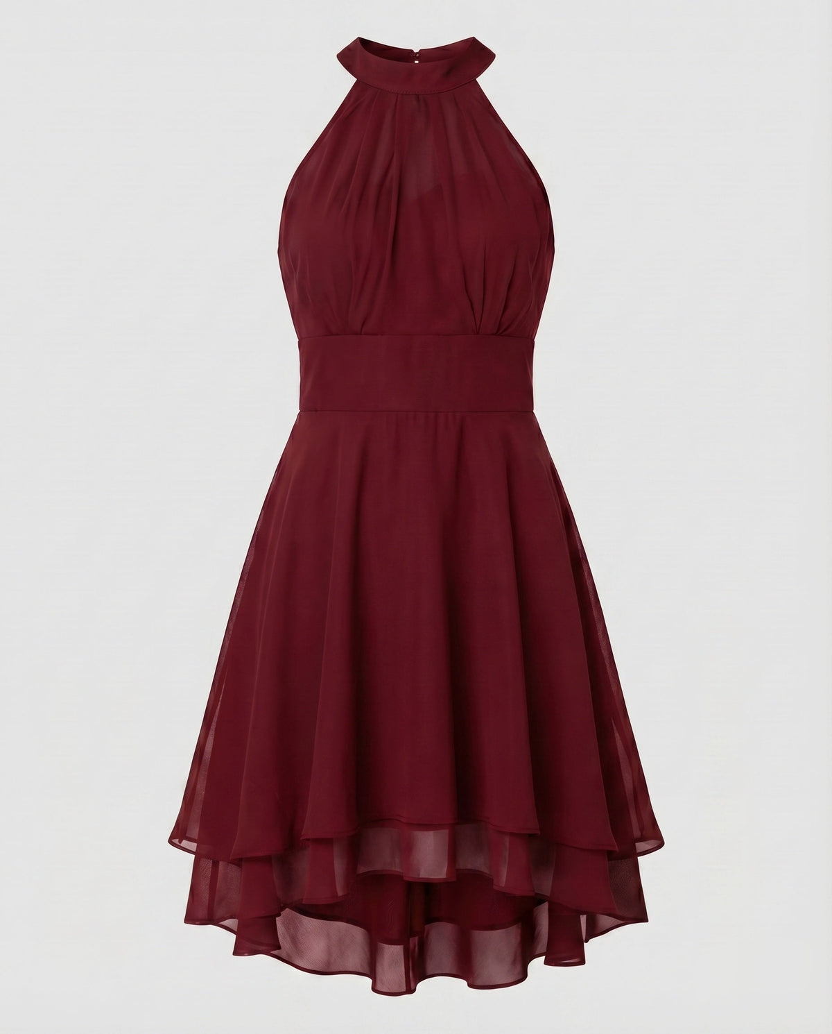 Rochie de damă cu bretele legate după gât și straturi – corsaj încrețit, talie bine definită și tiv asimetric din șifon, pentru petreceri cocktail