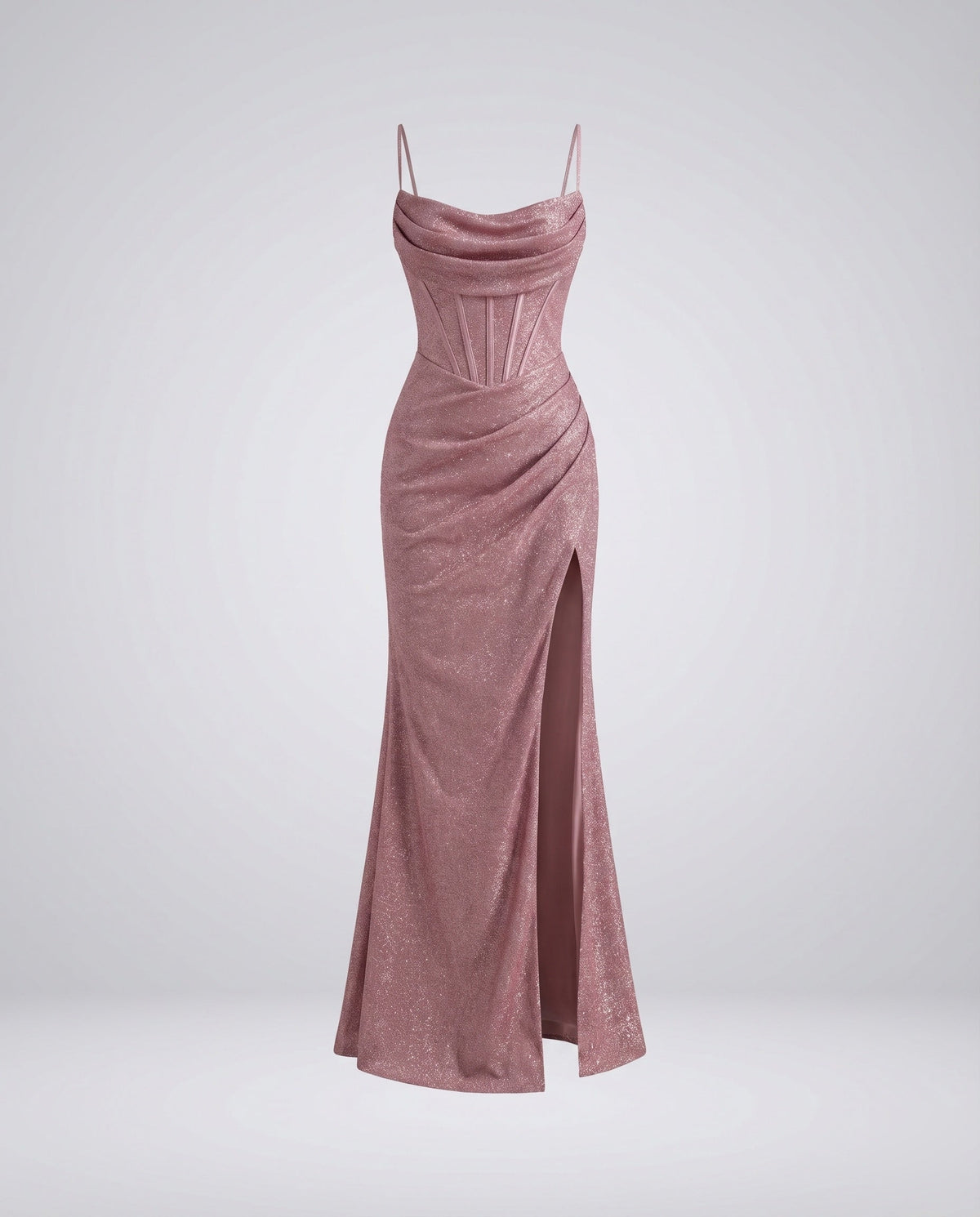 Rochie maxi de seară de damă cu sclipici – decolteu drapat tip cowl, corsaj în stil corset și crăpătură pe coapsă, pentru ocazii formale