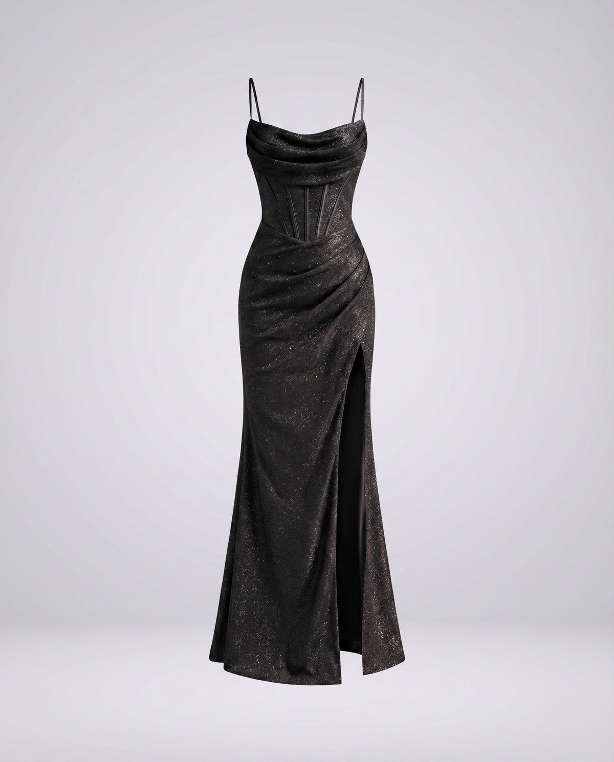 Rochie maxi de seară de damă cu sclipici – decolteu drapat tip cowl, corsaj în stil corset și crăpătură pe coapsă, pentru ocazii formale