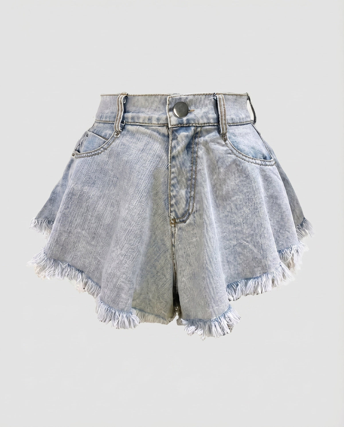 Fustă-pantalon din denim cu talie înaltă pentru femei – Fustă-pantalon mini evazată, în linie A, cu tiv destrămat și buzunare clasice la spate, pentru ținute casual de vară