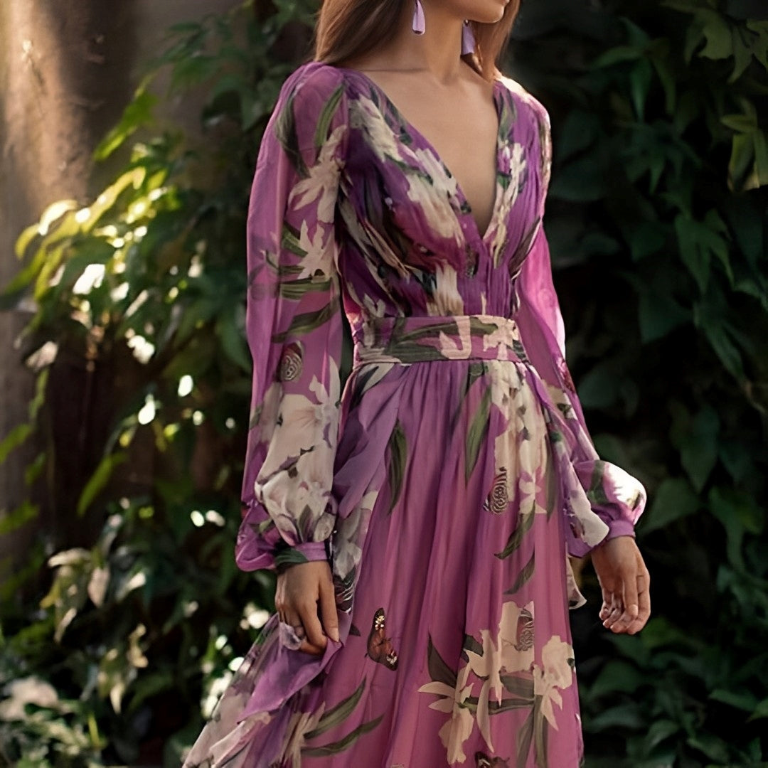 Women’s Printed V-Neck Maxi Dress – Flowing Wedding Guest Style for Day and Evening Events