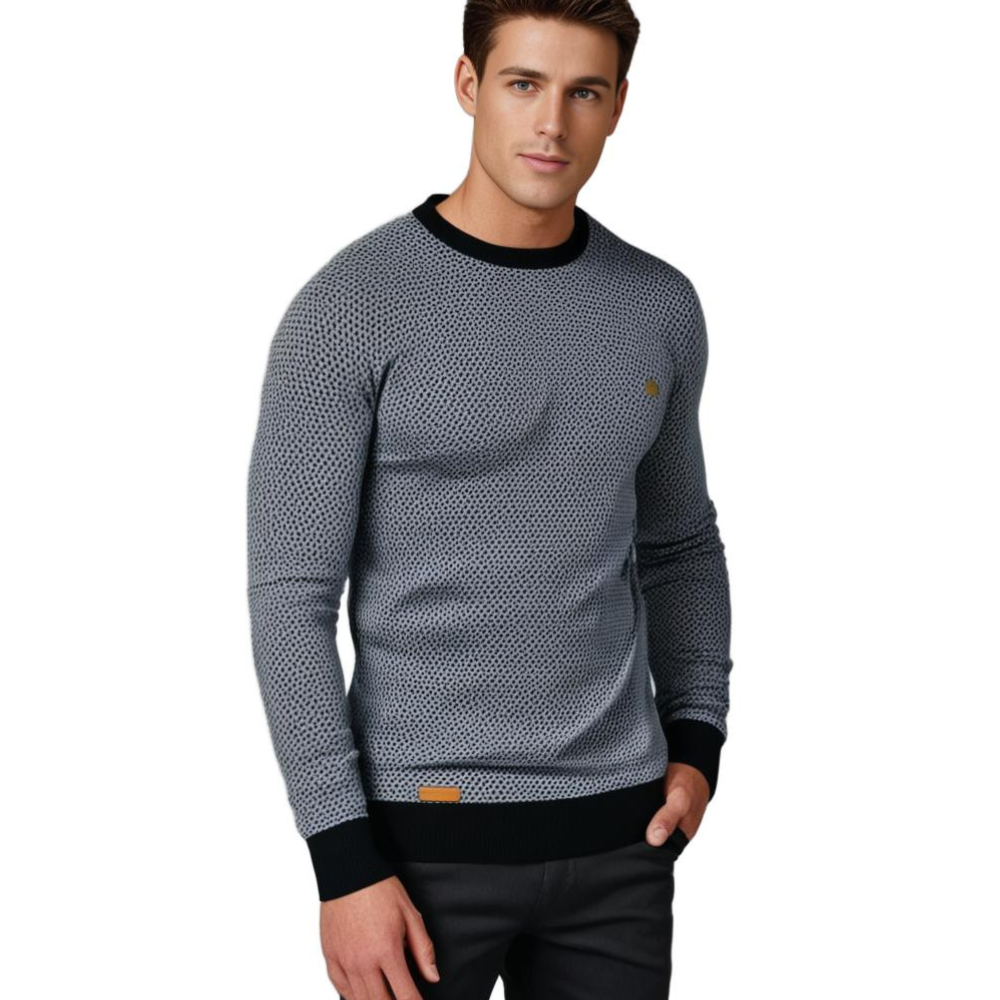 Herresweater med rund hals og tryk samt kontrastfarvet ribkant