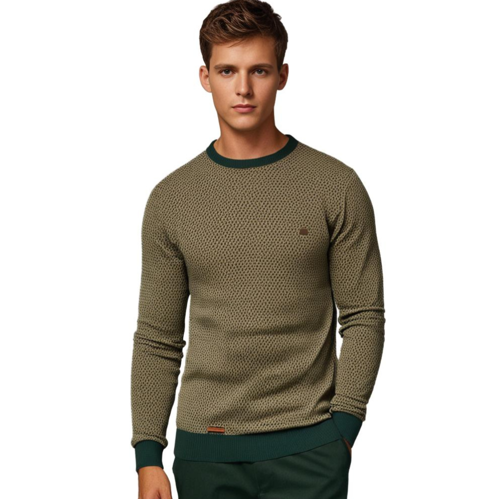 Herresweater med rund hals og tryk samt kontrastfarvet ribkant