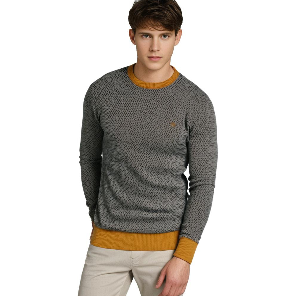 Herresweater med rund hals og tryk samt kontrastfarvet ribkant