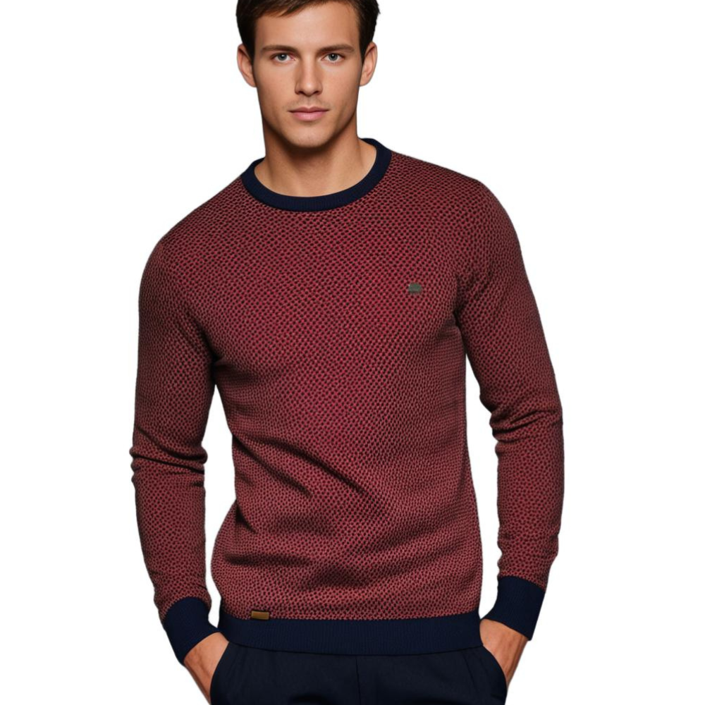 Herresweater med rund hals og tryk samt kontrastfarvet ribkant