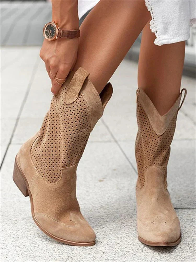 Cizme western de cowboy pentru femei, până la genunchi - cizme elegante, perforate, ușor de încălțat, cu vârf ascuțit și toc gros, pătrat, pentru ținute casual de zi cu zi