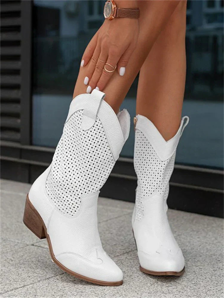 Cizme western de cowboy pentru femei, până la genunchi - cizme elegante, perforate, ușor de încălțat, cu vârf ascuțit și toc gros, pătrat, pentru ținute casual de zi cu zi