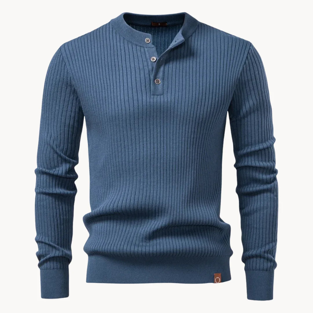 Muški rebrasti pleteni džemper s Henley-izrezom – pripijeni pulover dugih rukava s kopčanjem na vratu za ležerni i elegantno-ležerni stil
