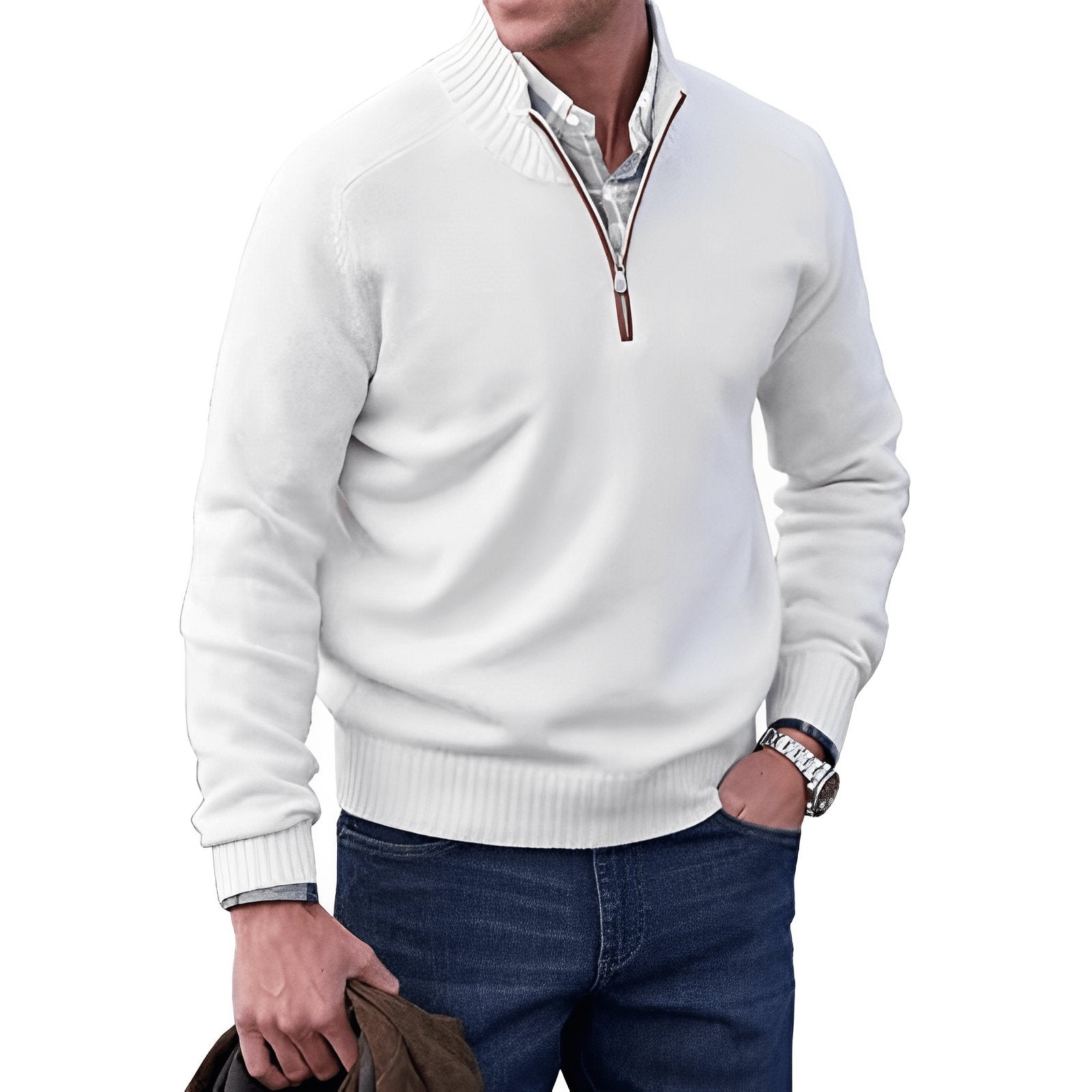 Strikket herresweater med kvart lynlås – smart casual-lag i almindelig pasform til kontor og weekendbrug