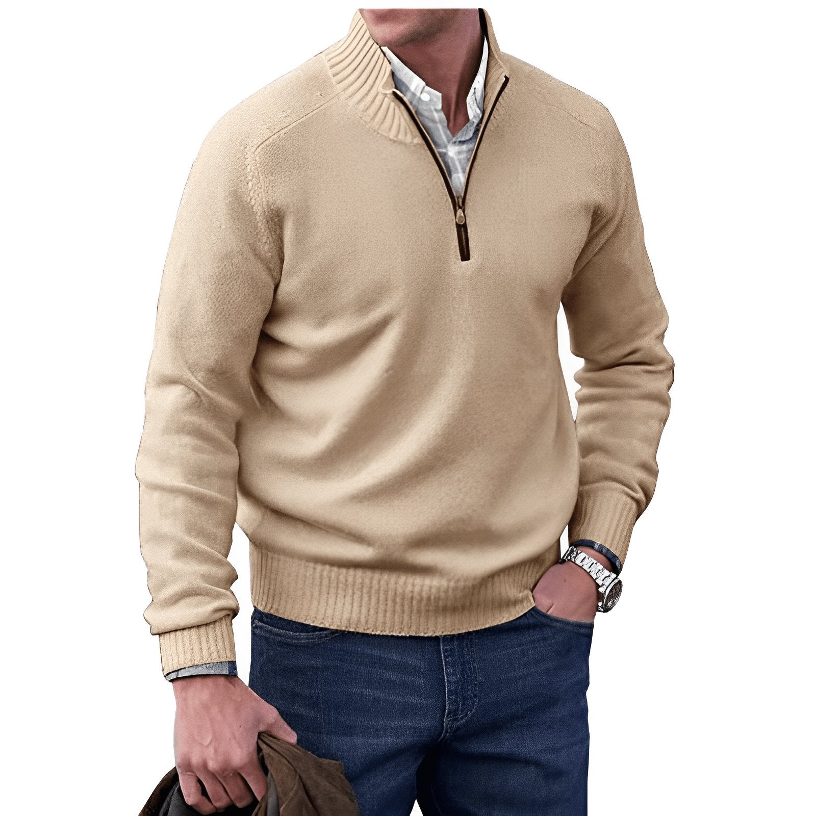 Strikket herresweater med kvart lynlås – smart casual-lag i almindelig pasform til kontor og weekendbrug
