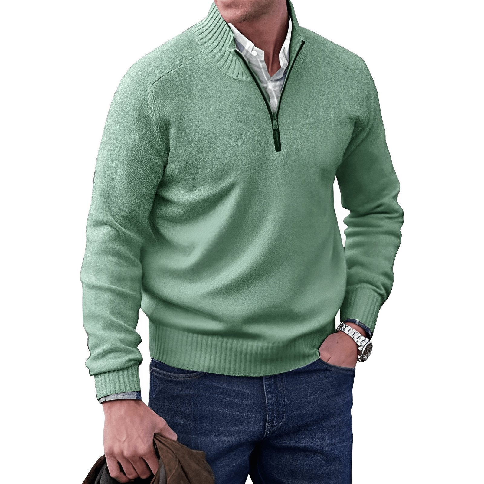 Strikket herresweater med kvart lynlås – smart casual-lag i almindelig pasform til kontor og weekendbrug