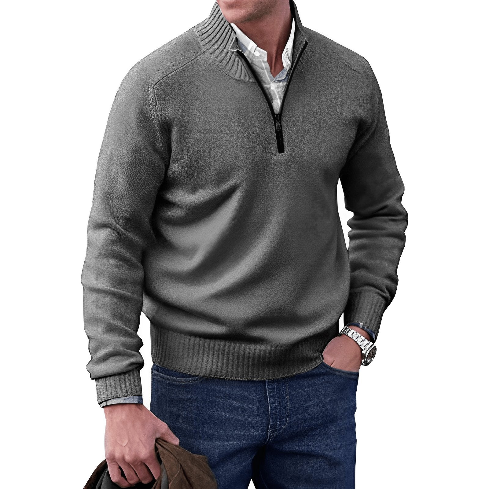 Strikket herresweater med kvart lynlås – smart casual-lag i almindelig pasform til kontor og weekendbrug