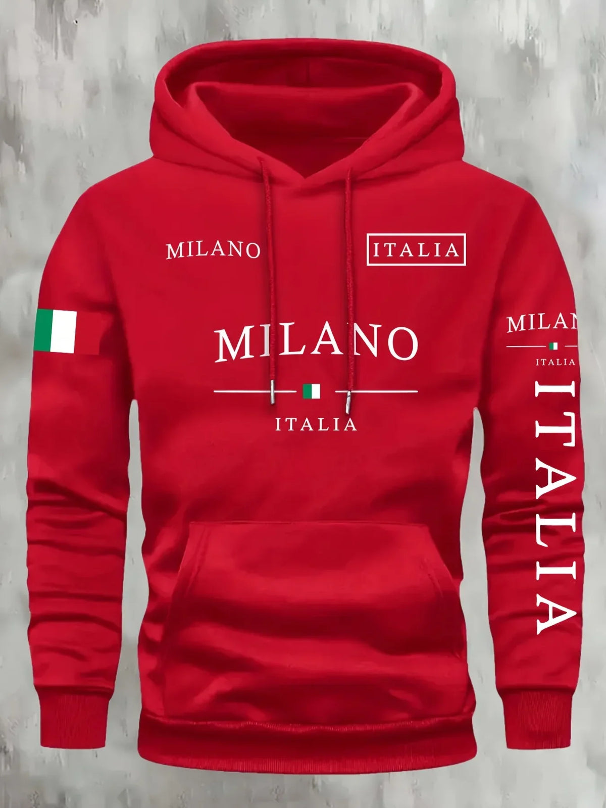 Unisex φούτερ με κουκούλα και γραφικό Milano Italia - άνετη μπλούζα τύπου pullover με ρυθμιζόμενη κουκούλα με κορδόνι και μπροστινή τσέπη καγκουρό