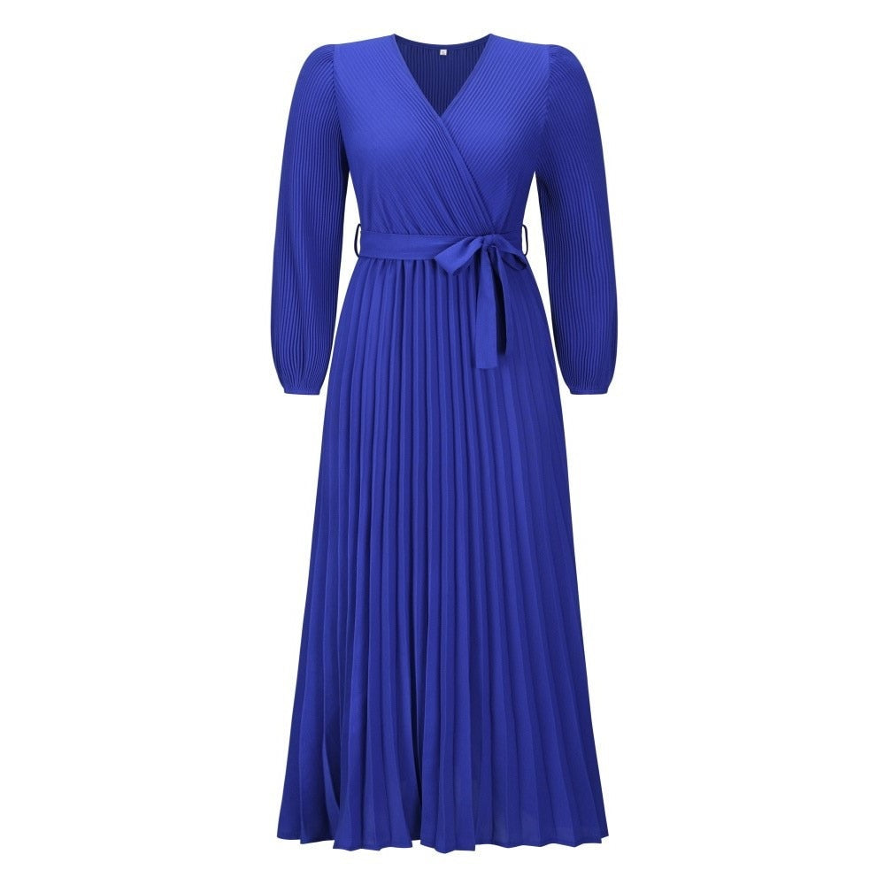 Women’s Maxi Dress Pleated Wrap Waist Tie Long Sleeve