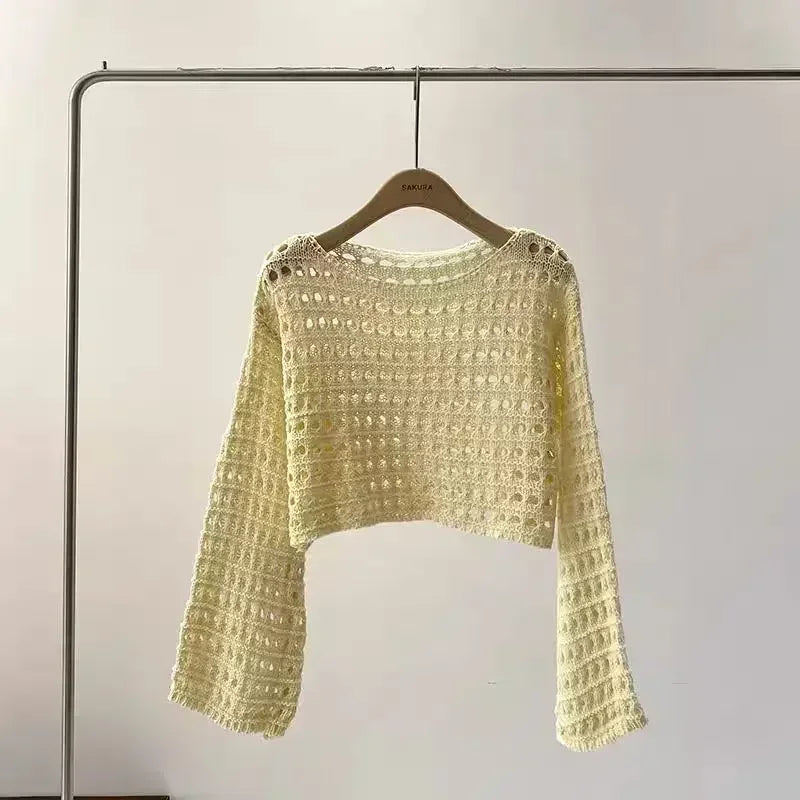 Top corto de punto de crochet para mujer, con mangas largas y anchas - Capa ligera y holgada para las vacaciones de verano