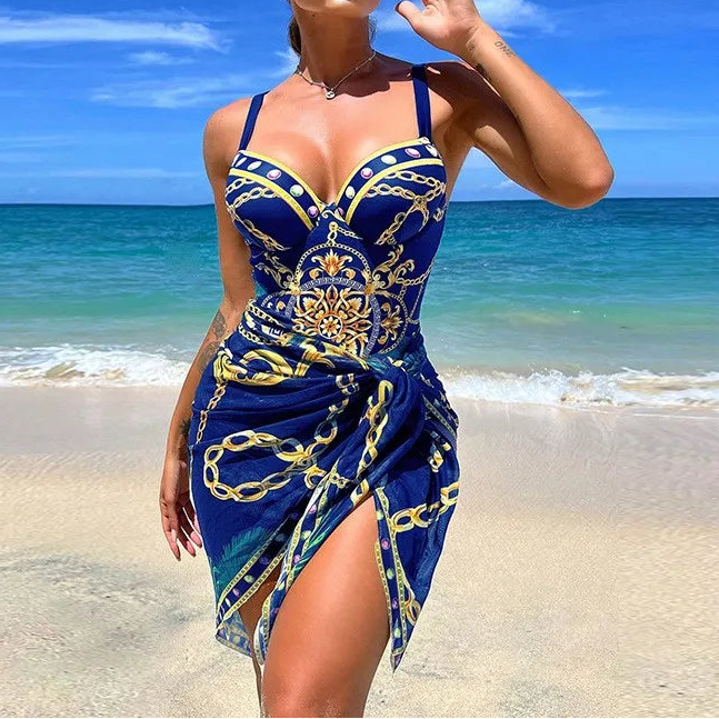 Damesbadpak met print en sweetheart-halslijn, met bijpassende sarong – tweedelige strandkledingset voor zomervakanties