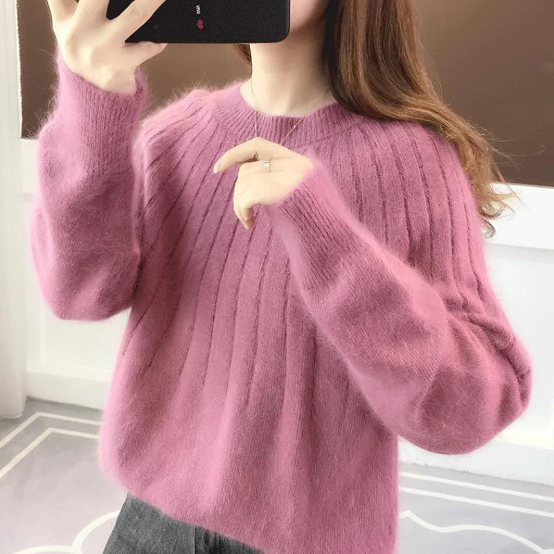 Weicher Damenpullover aus Kaschmir-Rippstrick mit klassischem Rundhalsausschnitt und legerem Oversize-Schnitt – Eleganter, flauschiger Langarm-Pullover für bequeme, schicke Freizeitkleidung im Alltag von Herbst und Winter