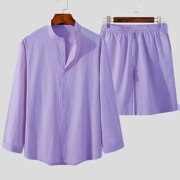 Conjunto de verano para hombre de lino y algodón Camisa y pantalones cortos transpirables Ajuste relajado Atuendo para vacaciones