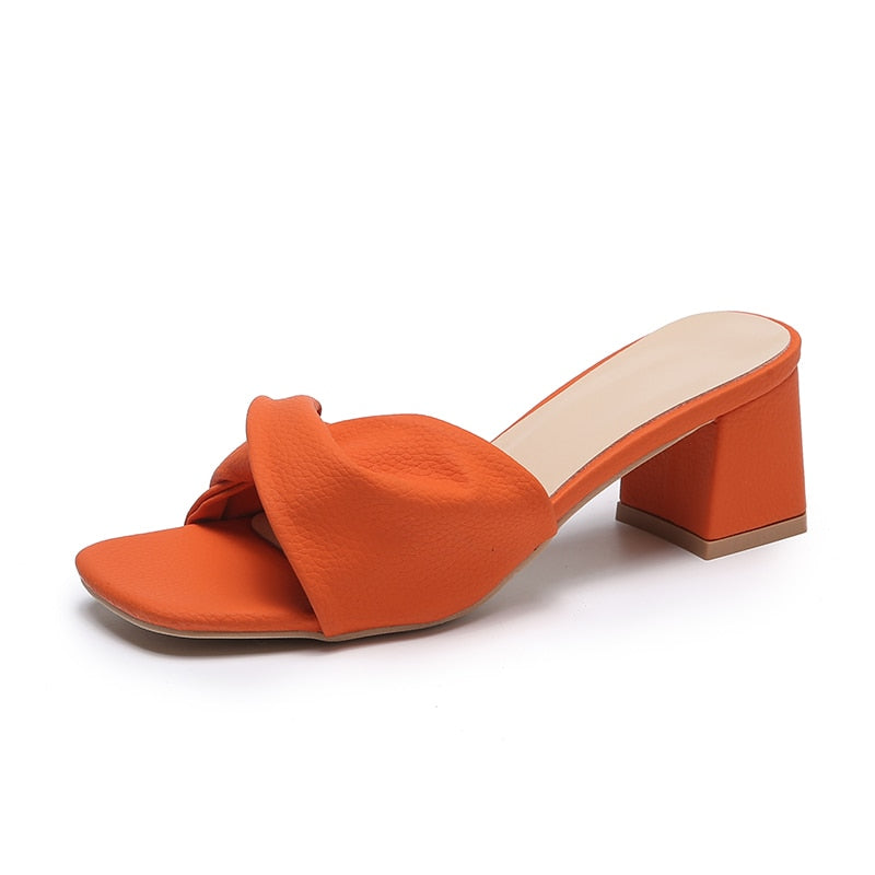 Women’s Block Heel Mule Sandals Twisted Strap Open Toe Elegant Slip On Heels