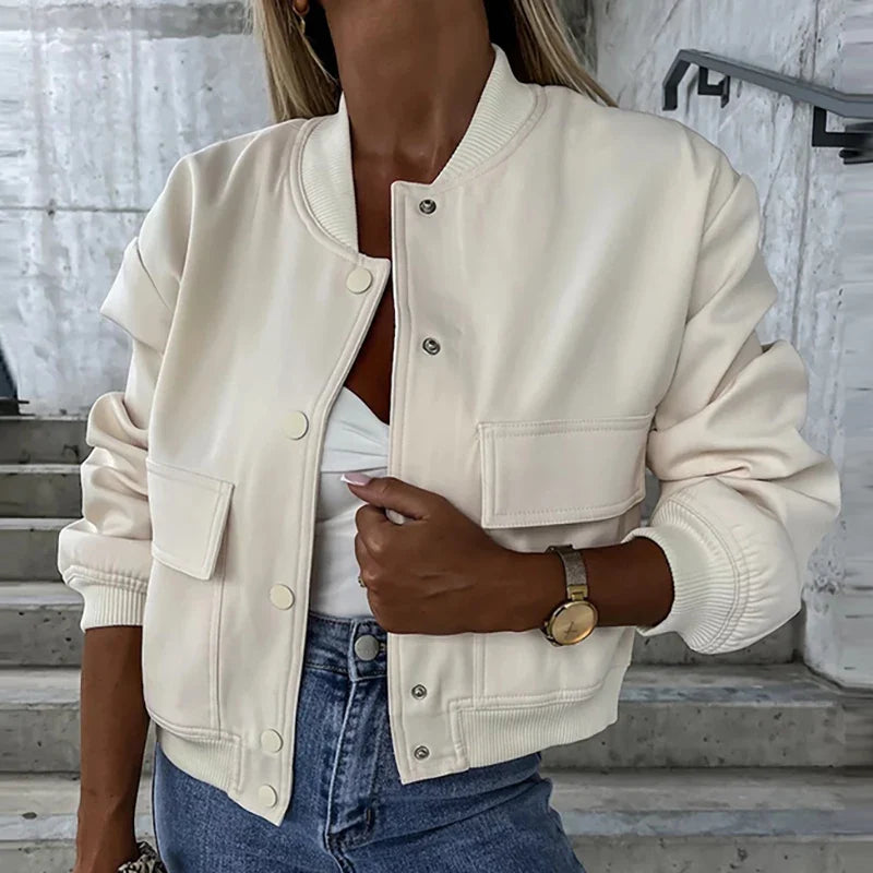 Women’s Relaxed Fit Bomber Jacket – Cropped Snap-Front Layer for Autumn and Winter Casual Wear