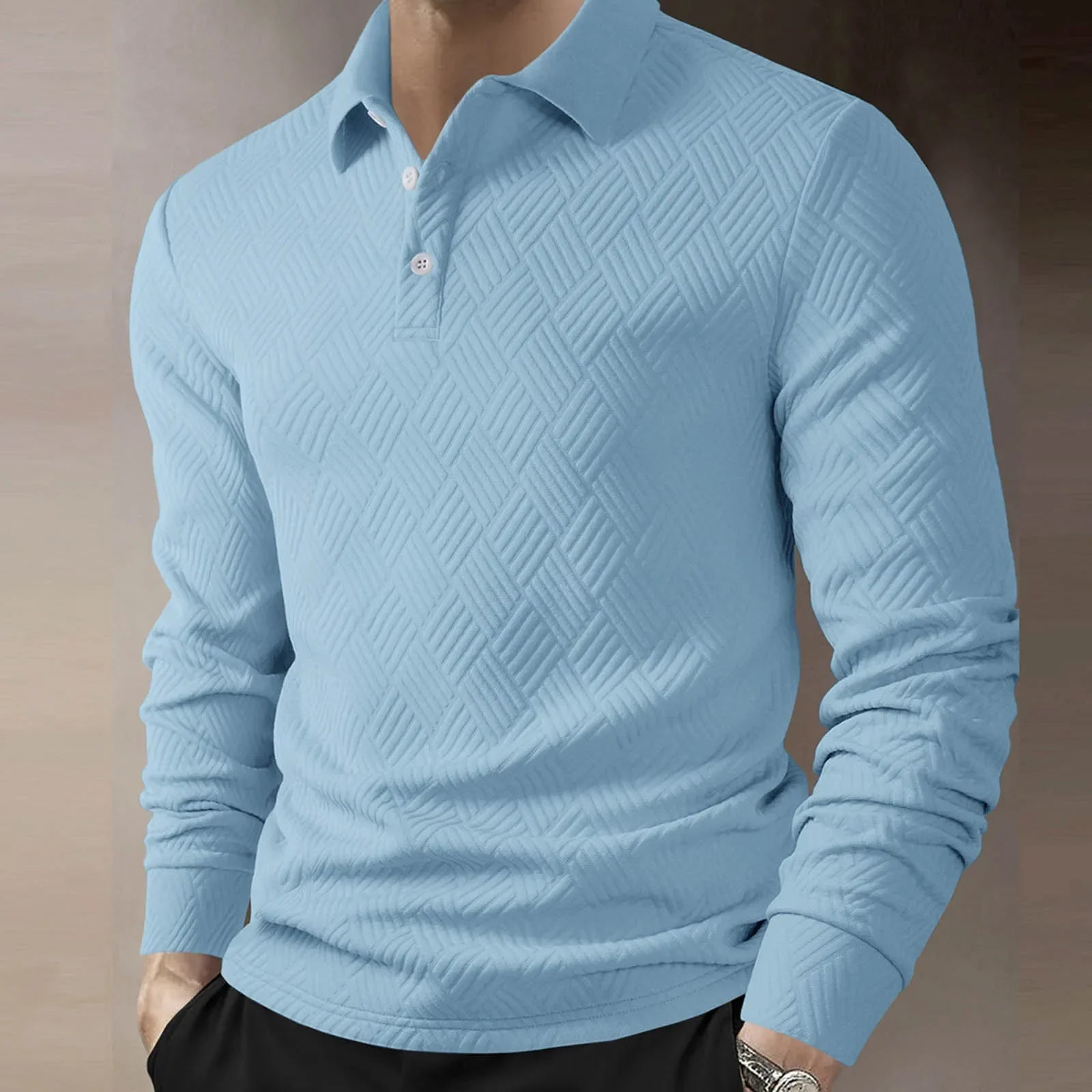 Men’s Long Sleeve Polo Shirt Textured Knit Smart Casual Top