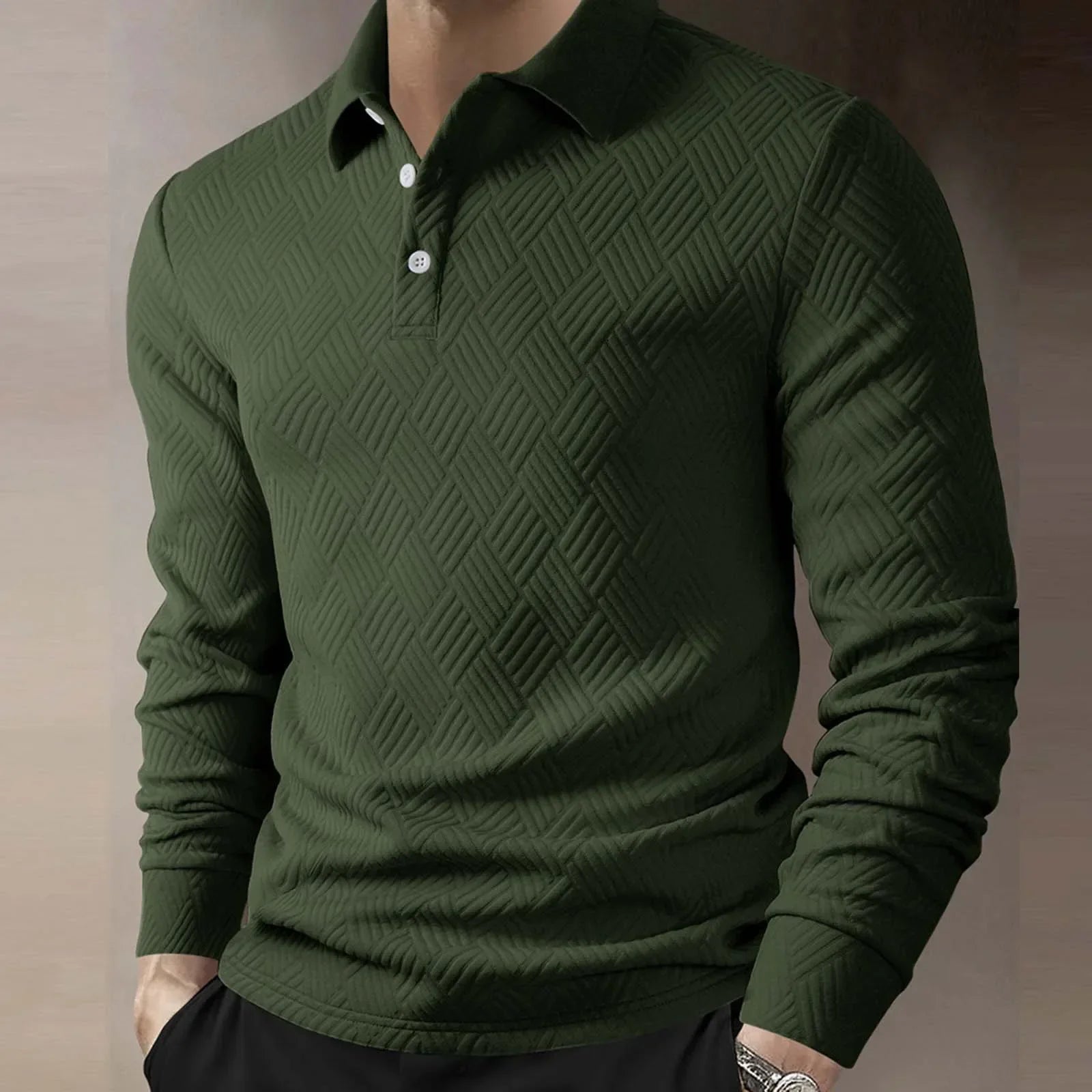Men’s Long Sleeve Polo Shirt Textured Knit Smart Casual Top