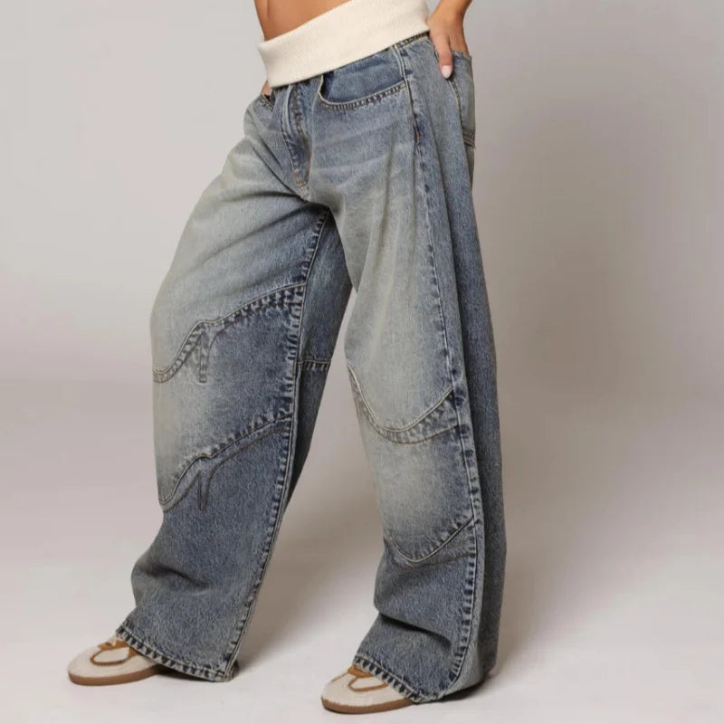 Vaqueros holgados de pierna ancha para mujer - Pantalón vaquero elástico de corte relajado con cintura acanalada para un estilo urbano informal y el día a día