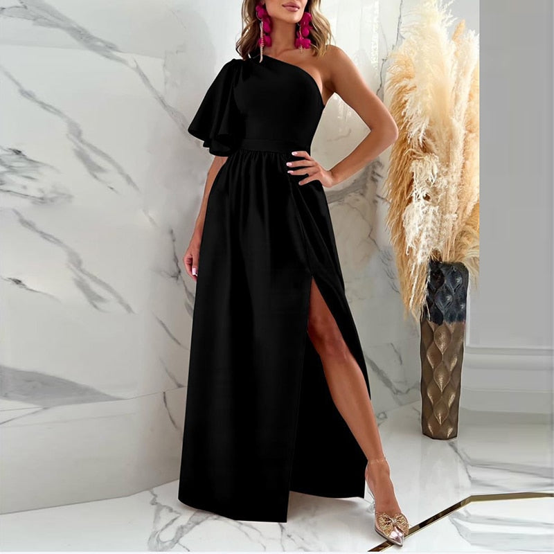 Vestido largo de una sola manga para mujer con abertura en el muslo, elegante vestido de noche