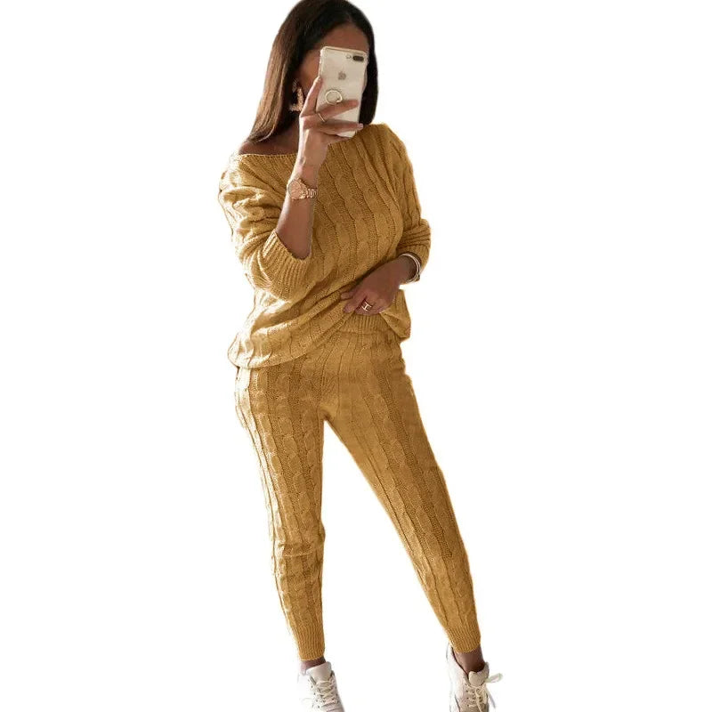 Ensemble pour femme composé d'un pull en maille torsadée et d'un pantalon de jogging à col large - Tenue d'intérieur décontractée deux pièces avec pantalon à poignets pour l'automne et l'hiver