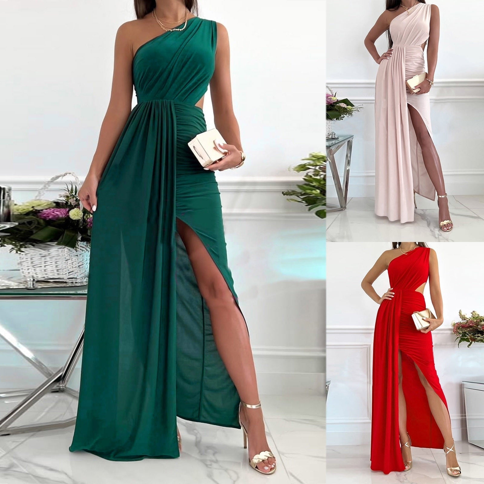 Women’s One Shoulder Maxi Dress Draped Waist Split Evening Gown