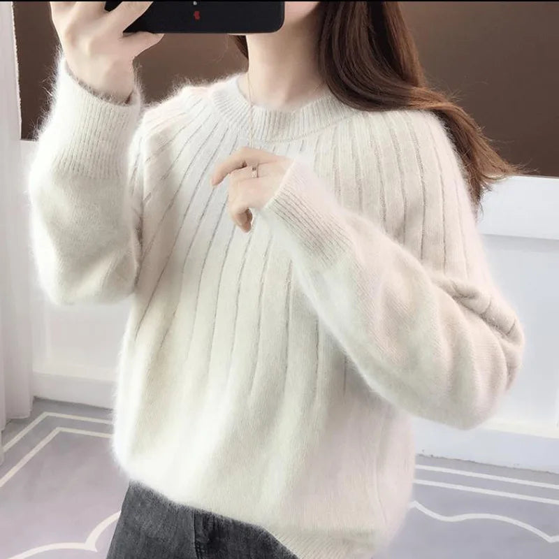 Weicher Damenpullover aus Kaschmir-Rippstrick mit klassischem Rundhalsausschnitt und legerem Oversize-Schnitt – Eleganter, flauschiger Langarm-Pullover für bequeme, schicke Freizeitkleidung im Alltag von Herbst und Winter